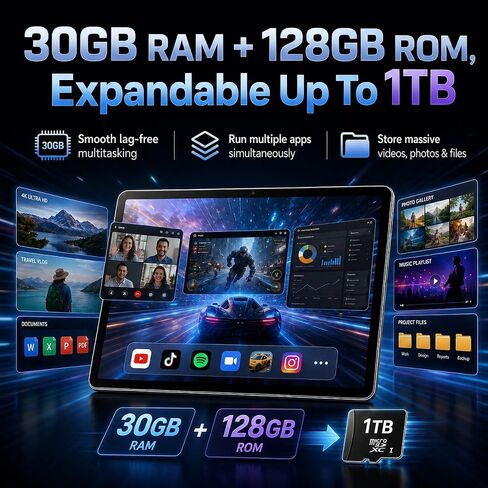 2026 Latest 11 Inch Android 16 Tablet, Tablet with 30GB RAM+128GB ROM, 1TB Expandable, 1280 * 800 Eye-Care LCD Display, 7800mAh Battery, WiFi 6+BT5.4 Ultra-Thin Tablet for Study Entertainment in Saudi Arabia