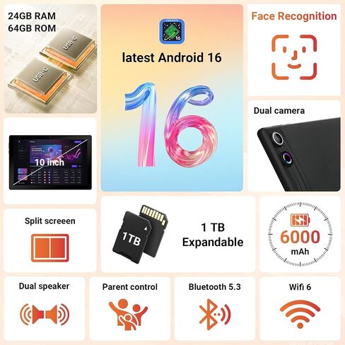 تابلت جليسو، 2026 أحدث تابلت أندرويد 16 مقاس 10 بوصة، 24 جيجابايت + 64 جيجابايت + 1 تيرابايت TF، بطارية 6000 مللي أمبير، شحن سريع، شاشة عالية الدقة، Widevine L1، كاميرا مزدوجة، معرف الوجه، شاشة مقسمة، خفيف، محمول in Kuwait