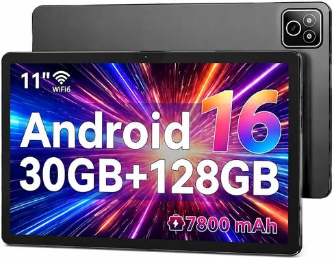 2026 Android 16 Tablet 11 Inch, 30GB+128GB 1TB Expand, 7800mAh Large Battery, Wi‑Fi 6 & BT 5.4, Widevine L1, Face Unlock, HD IPS Touchscreen, Dual Camera, Black in Saudi Arabia