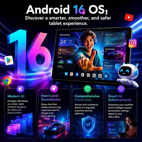 2026 Android 16 Tablet 11 Inch, 30GB+128GB 1TB Expand, 7800mAh Large Battery, Wi‑Fi 6 & BT 5.4, Widevine L1, Face Unlock, HD IPS Touchscreen, Dual Camera, Black in Saudi Arabia