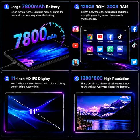 2026 Android 16 Tablet 11 Inch, 30GB+128GB 1TB Expand, 7800mAh Large Battery, Wi‑Fi 6 & BT 5.4, Widevine L1, Face Unlock, HD IPS Touchscreen, Dual Camera, Black in Saudi Arabia