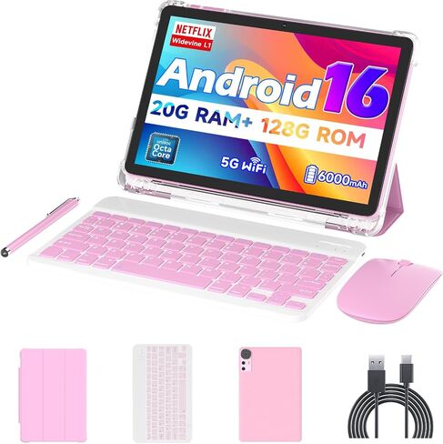 Android 16 Tablet 10 inch Tablets, 20GB RAM 128GB ROM 2TB Expandable, 2.0GHz Octa-core Processor, 2 in 1 Tablet with Keyboard Case Stylus Mouse, 5G WiFi6, BT 5.0, 6000mAh, Widevine L1, GMS, Black in Kuwait