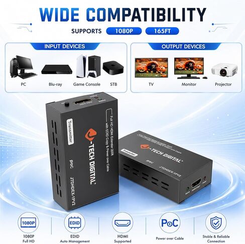 J-Tech Digital HDMI Extender Over CAT5e/6/7 with PoC 1080P@60Hz up to 165ft, HDMI Balun Over Single Ethernet Supports EDID Copy Compatible with Dolby Digital DTS [JTDHDEX-1PV2] in Kuwait