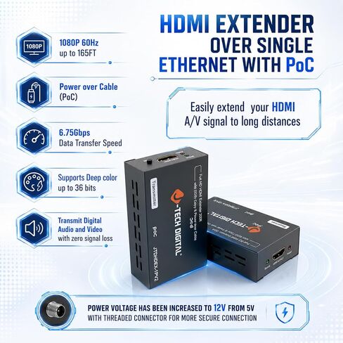 J-Tech Digital HDMI Extender Over CAT5e/6/7 with PoC 1080P@60Hz up to 165ft, HDMI Balun Over Single Ethernet Supports EDID Copy Compatible with Dolby Digital DTS [JTDHDEX-1PV2] in Kuwait
