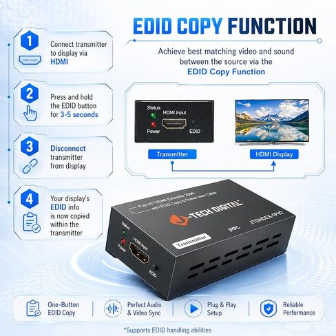 J-Tech Digital HDMI Extender Over CAT5e/6/7 with PoC 1080P@60Hz up to 165ft, HDMI Balun Over Single Ethernet Supports EDID Copy Compatible with Dolby Digital DTS [JTDHDEX-1PV2] in Kuwait