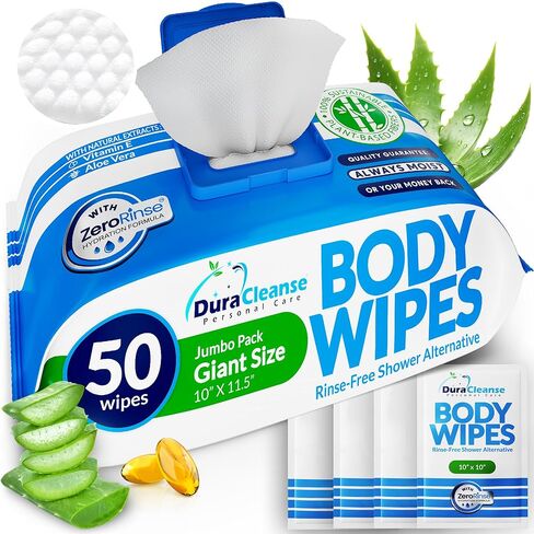 XL Body Wipes for Adults Bathing – 50 Ct + 4 Travel Shower Wipes 10 x 11.5" Thick Cleansing No Rinse Bath Wash Sheets for Elderly, Incontinence, Men & Women, Camping Essentials Disposable Washcloths in Saudi Arabia