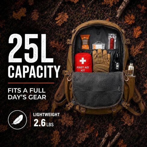 Lone Trail SB1 25L Silent Hunting Backpack - Bow and Rifle Carry System | Quiet brushed fabric day pack, waterproof rain cover included, MOLLE webbing, organized storage for deer and elk hunts in Saudi Arabia