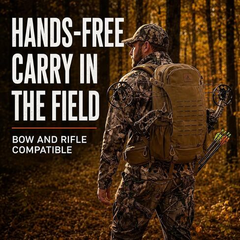 Lone Trail SB1 25L Silent Hunting Backpack - Bow and Rifle Carry System | Quiet brushed fabric day pack, waterproof rain cover included, MOLLE webbing, organized storage for deer and elk hunts in Saudi Arabia