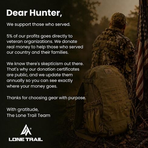 Lone Trail SB1 25L Silent Hunting Backpack - Bow and Rifle Carry System | Quiet brushed fabric day pack, waterproof rain cover included, MOLLE webbing, organized storage for deer and elk hunts in Saudi Arabia