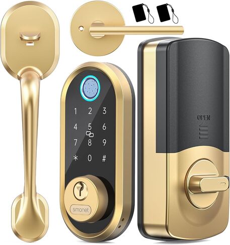 SMONET Smart Lock دخول بدون مفتاح للأبواب الأمامية مجموعة بصمة ديدبولت ذهبي in Kuwait