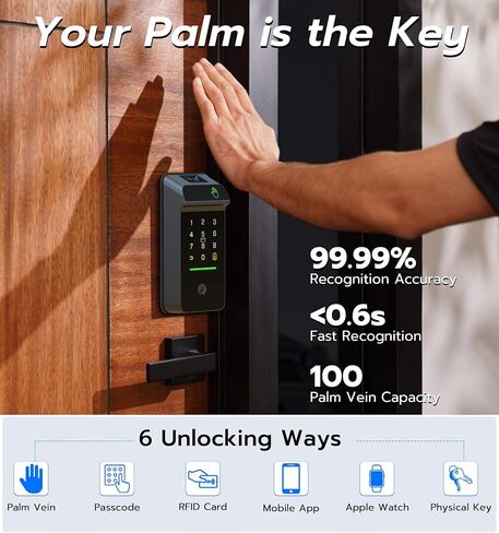 Anweller MD3 Palm Vein Smart Deadbolt Lock، قفل باب دخول بدون مفتاح بيومتري للباب الأمامي، واي فاي مدمج، بطارية 10000 مللي أمبير، لوحة مفاتيح رمز، بطاقة RFID، شاشة عرض، مستشعر قفل تلقائي in Kuwait