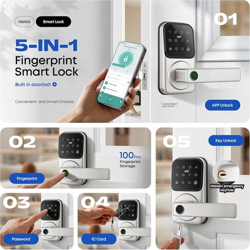 Keypad Smart Door Lock with Knob, Keyless Entry Digital Lock with Handle | Heittis Fingerprint Passcode IC Card Biometric Deadbolt Knob with App Control for Bedroom Front Door Interior/Exterior Use in Kuwait