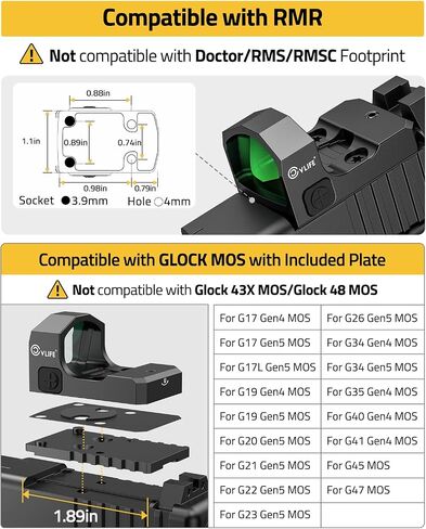 CVLIFE WolfCloak Motion Awake Green Dot Sight لبصمة RMR، نقطة 2MOA | محول لـ MOS وPicatinny 21 مم، رؤية انعكاسية للمسدسات كاملة الحجم، 1500 جيجا مقاوم للصدمات، 0.33 بوصة، عدسة بصرية 24 مم in Kuwait