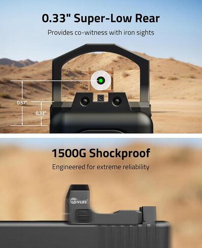 CVLIFE WolfCloak Motion Awake Green Dot Sight لبصمة RMR، نقطة 2MOA | محول لـ MOS وPicatinny 21 مم، رؤية انعكاسية للمسدسات كاملة الحجم، 1500 جيجا مقاوم للصدمات، 0.33 بوصة، عدسة بصرية 24 مم in Kuwait