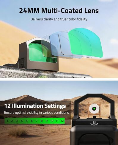 CVLIFE WolfCloak Motion Awake Green Dot Sight لبصمة RMR، نقطة 2MOA | محول لـ MOS وPicatinny 21 مم، رؤية انعكاسية للمسدسات كاملة الحجم، 1500 جيجا مقاوم للصدمات، 0.33 بوصة، عدسة بصرية 24 مم in Kuwait