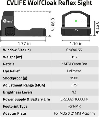 CVLIFE WolfCloak Motion Awake Green Dot Sight لبصمة RMR، نقطة 2MOA | محول لـ MOS وPicatinny 21 مم، رؤية انعكاسية للمسدسات كاملة الحجم، 1500 جيجا مقاوم للصدمات، 0.33 بوصة، عدسة بصرية 24 مم in Kuwait
