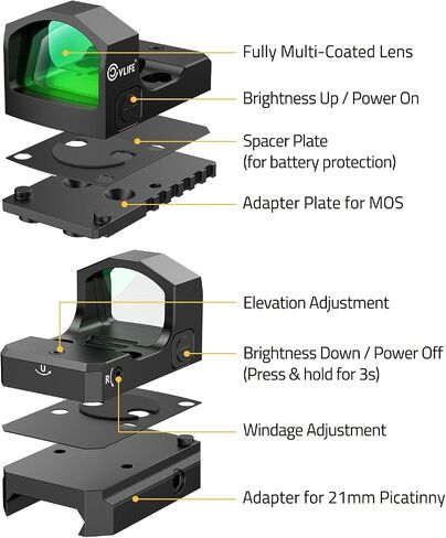 CVLIFE WolfCloak Motion Awake Green Dot Sight لبصمة RMR، نقطة 2MOA | محول لـ MOS وPicatinny 21 مم، رؤية انعكاسية للمسدسات كاملة الحجم، 1500 جيجا مقاوم للصدمات، 0.33 بوصة، عدسة بصرية 24 مم in Kuwait