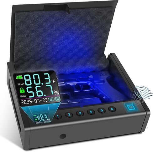 Upgraded Biometric Gun Safe for Handguns, Heavy Duty Fingerprint Handgun Safety Device for Home Bedside Nightstand Car, with LCD of Temp Humidity Time Date in Saudi Arabia