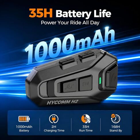 H2 Motorcycle Bluetooth Headset, 2-Way Helmet Intercom (1 Pack) | One-Click Pairing, 35H Battery, IP67 Waterproof, DSP & CVC Noise Cancelling, Voice Assistant, FM Radio in Saudi Arabia