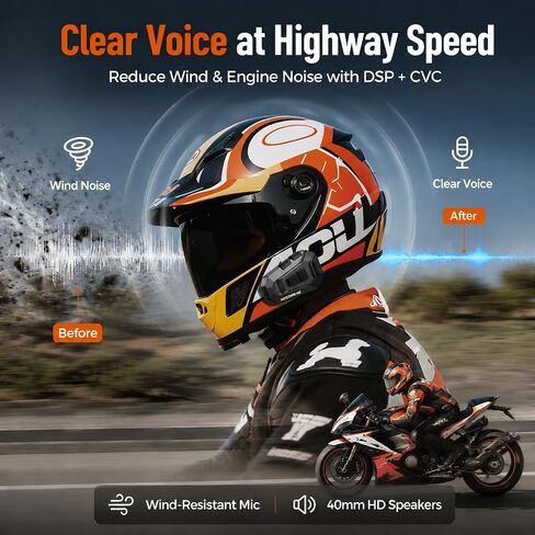 H2 Motorcycle Bluetooth Headset, 2-Way Helmet Intercom (1 Pack) | One-Click Pairing, 35H Battery, IP67 Waterproof, DSP & CVC Noise Cancelling, Voice Assistant, FM Radio in Saudi Arabia