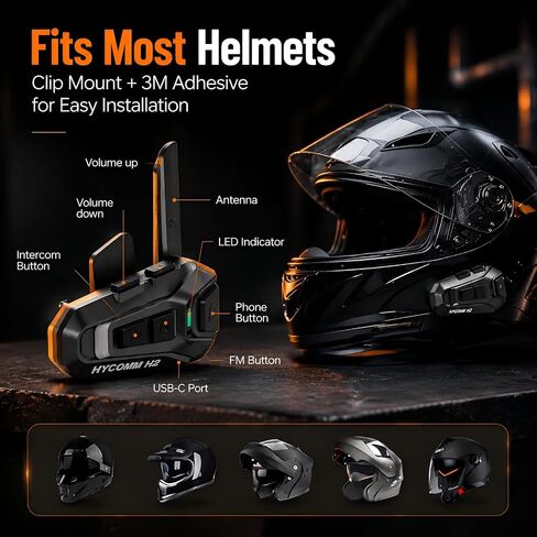 H2 Motorcycle Bluetooth Headset, 2-Way Helmet Intercom (1 Pack) | One-Click Pairing, 35H Battery, IP67 Waterproof, DSP & CVC Noise Cancelling, Voice Assistant, FM Radio in Saudi Arabia