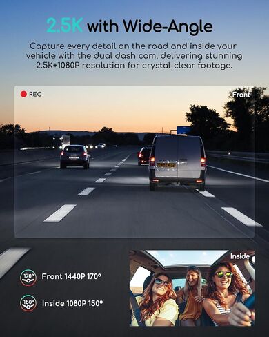 COOAU Dual Dash Cam 2.5K+1080P, Dash Cam Front and Inside, Built-in GPS and WI-FI, Dash Camera for Cars, Perfect for Uber and Taxi Drivers, Night Vision, Accident Record, 24Hr Parking Mode in Kuwait