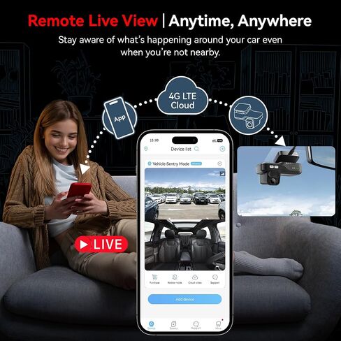 4G LTE Dash Cam with Live View, 2K+1080P Front Inside Anti-Theft Car Camera Live Streaming, Instant Alert via App, Cloud & SD Storage, IR Night Vision, No Screen, 24/7 Parking Mode, GPS, OBD in Kuwait