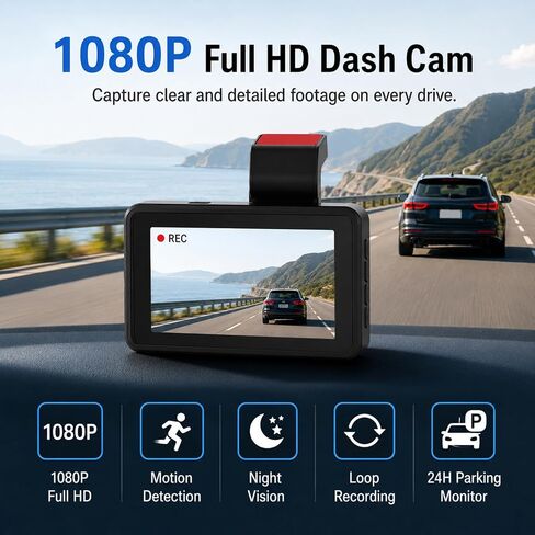 3-inch 1080p High-Definition Dash cam for Cars with Super Night Vision, 170° Large Wide-Angle, 24 Hour Recording, G-Sensor Parking Monitoring Loop Video Motion Detection in Saudi Arabia