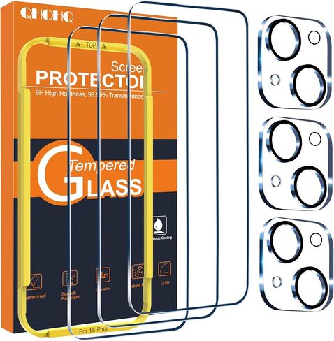 QHOHQ 3 Pack Screen Protector for iPhone 15 [6.1 Inch] with 3 Pack Camera Lens Protector, Tempered Glass Film, HD Clear, 9H Hardness, No Bubbles, Case Friendly in Saudi Arabia