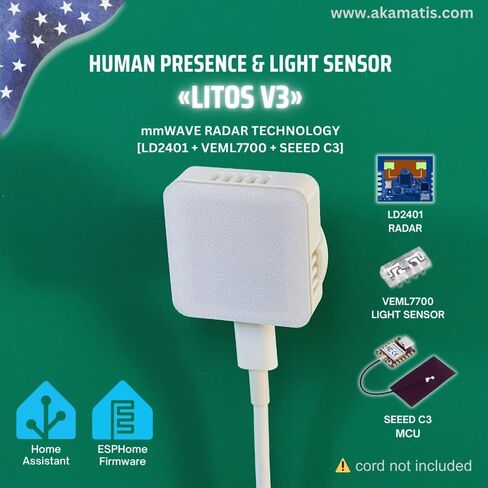 Akamatis Human Presence & Light Sensor Litos v3, mmWave Smart Motion Sensor, 2.4 GHz Wi-Fi, Adjustable Sensitivity, Requires Home Assistant (White, 1 Pack) in Saudi Arabia