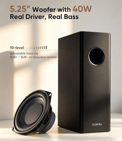 Saiyin 11.7" Sound Bar with Subwoofer, Deep Bass, Bluetooth/AUX/Optical | 5.25" Subwoofer, 88w Peak Power, Surround Sound System, Perfect for Small TVs/PC Monitors/Rooms/Home Offices/Kitchens/RVs in Saudi Arabia