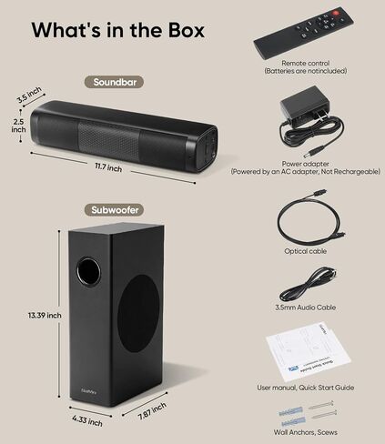 Saiyin 11.7" Sound Bar with Subwoofer, Deep Bass, Bluetooth/AUX/Optical | 5.25" Subwoofer, 88w Peak Power, Surround Sound System, Perfect for Small TVs/PC Monitors/Rooms/Home Offices/Kitchens/RVs in Saudi Arabia