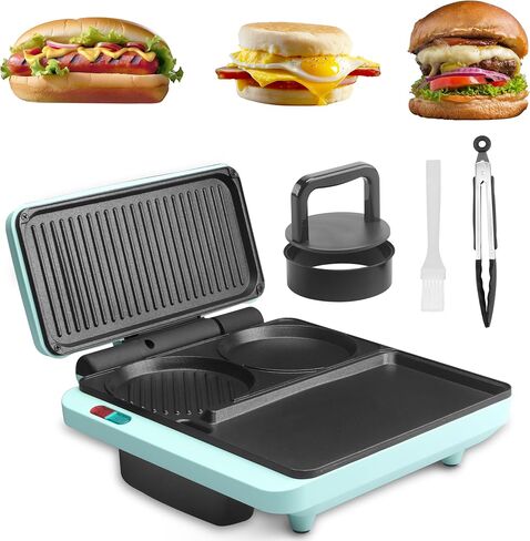 Baker's Friend Breakfast Sandwich Maker, Nonstick Electric Griddle & Grill Combo, 3 in 1 Breakfast Station, Make Egg Muffin Sandwiches Burgers Hot dogs & Pancakes, Includes Burger Press, Tong & Brush in Kuwait