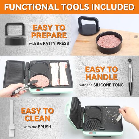 Baker's Friend Breakfast Sandwich Maker, Nonstick Electric Griddle & Grill Combo, 3 in 1 Breakfast Station, Make Egg Muffin Sandwiches Burgers Hot dogs & Pancakes, Includes Burger Press, Tong & Brush in Kuwait