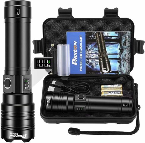 PHIXTON Rechargeable Flashlight 100000 High Lumens Long Lasting 15H 6.57" | Super Bright Powerful 30W LED, Long Range 3280 FT, Safe USB C Charge, Output with LCD Display, All Metal for Camping Home in Kuwait