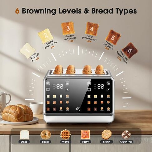 Smart Toaster 4 Slice with Dual Touchscreen & Independent Controls, 1800W Stainless Steel, Wide Slots for 6 Bread Types & Toast Settings,Single-Slice Modes, Defrost, Reheat in Saudi Arabia