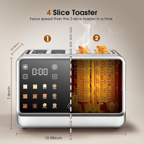 Smart Toaster 4 Slice with Dual Touchscreen & Independent Controls, 1800W Stainless Steel, Wide Slots for 6 Bread Types & Toast Settings,Single-Slice Modes, Defrost, Reheat in Saudi Arabia