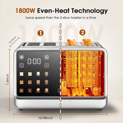 Foyoconven 4 Slice Toaster, Touchscreen Dual Zone Toaster with Bagel Mode | 1800W Digital Timer, 36 Presets (6 Breads×6 Shades), Single Slice Mode, Defrost & Reheat, Twin Crumb Trays, Stainless Steel in Saudi Arabia