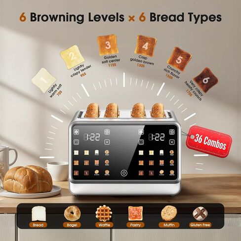 Foyoconven 4 Slice Toaster, Touchscreen Dual Zone Toaster with Bagel Mode | 1800W Digital Timer, 36 Presets (6 Breads×6 Shades), Single Slice Mode, Defrost & Reheat, Twin Crumb Trays, Stainless Steel in Saudi Arabia