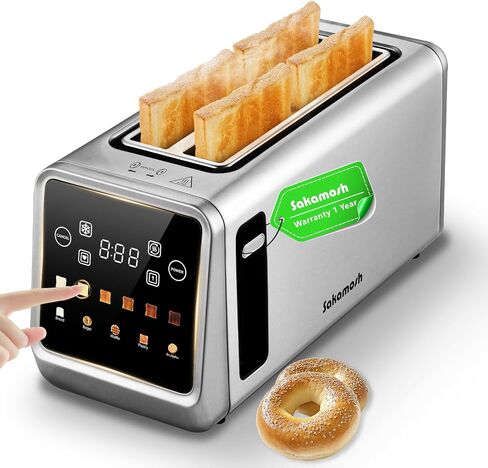 SAKAMOSH 4 Slice Long Slot Touch Screen Toaster, Stainless Steel | Wide Slots Fit Thick Bread & Bagels, 6 Browning Levels, Defrost & Reheat, Removable Crumb Tray, Great for Family Breakfast in Kuwait