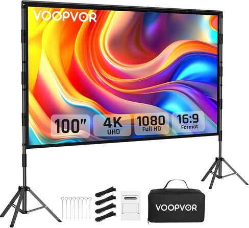 100 Inch Projector Screen with Stand, Portable Indoor Movie Screen | 100-inch projector screen with stable square tube stand, portable design, quick setup and carry bag for indoor & outdoor in Saudi Arabia