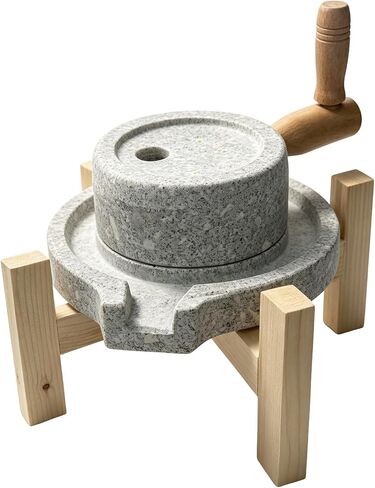 Natural Granite Stone Grain Mill, Handmade Grinder for Dry and Wet Grinding, Traditional Manual Grinding Tool with Wooden Stand in Saudi Arabia