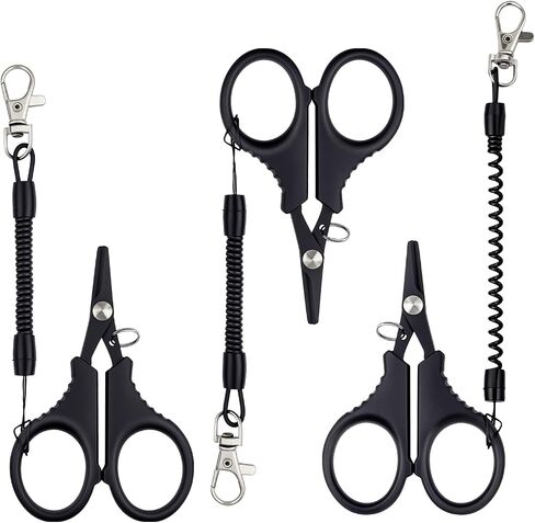 3 PCS Fishing Scissors, Stainless Steel Fishing Line Cutter &braided Line Cutter, Cutters with Titanium Coating-Fishing with Hook and Retractable Coil Lanyards Fishing Accessories (Black) in Kuwait