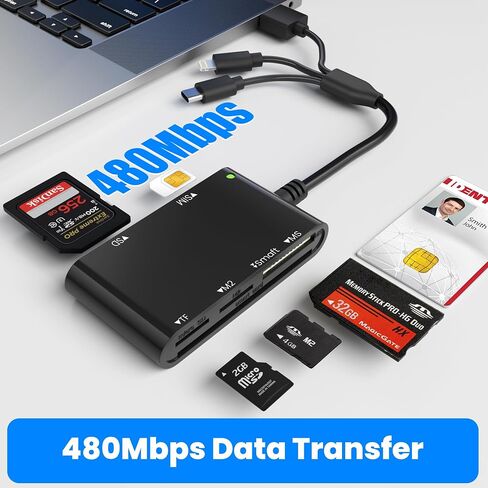 7 in 3 SIM Card Reader, Smart Card Reader with USB C/USB A/Lightning, Military CAC & PIV Card Reader, SD/TF/M2/IC/MMC/Memory Stick Pro Duo Adapter for iPhone/Windows/Mac/Linux/Computer in Saudi Arabia