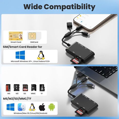 7 in 3 SIM Card Reader, Smart Card Reader with USB C/USB A/Lightning, Military CAC & PIV Card Reader, SD/TF/M2/IC/MMC/Memory Stick Pro Duo Adapter for iPhone/Windows/Mac/Linux/Computer in Saudi Arabia