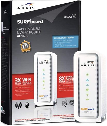 Arris Surfboard SBG6700AC DOCSIS 3.0 Cable Modem/Wi-Fi AC1600 Router - Retail Packaging - White, Model: SBG6700AC, Electronic Store & More in Kuwait