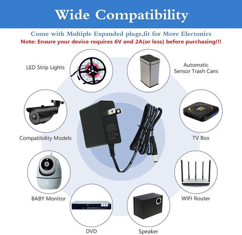 6V 2A Power Adapter Supply,6V 2A 12W AC110V to DC6V Power Supply Adapter with 5.5mm x 2.1mm Tip and 11 Interchangeable Jacks Plug for 2000mA 1500mA 1000mA 800mA 500mA 400mA Equipment(1 Pack) in Saudi Arabia