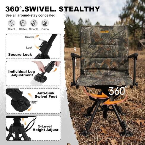 MDSTOP 360° Swivel Hunting Chair, Folding Silent Hunting Seat with Armrests, Ground Blind Chair, Adjustable All-Terrain Foot Pads, for Deer Turkey Camping Fishing (Pine Needle Camo) in Saudi Arabia