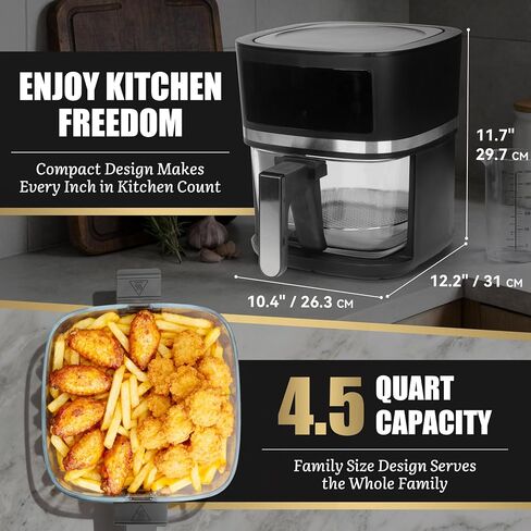 FineMade 12-in-1 Glass Air Fryer Non Toxic,4.5 Quart, Dishwasher-Safe Air fryer Glass Basket, Freidora De Aire De Vidrio, Temperature & Time Programable, PFOA & PFAS Free, Graphite in Saudi Arabia