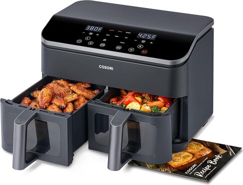 Cosori Dual Air Fryer, 9QT, 10-in-1,Sync Cook & Finish, Max 450°F | Dual 4.5QT Baskets,Independent Cooking, Touch Control, 95°-450°F, 85% less oil, 130+ Nutritional Recipes, Dishwasher-Safe in Saudi Arabia